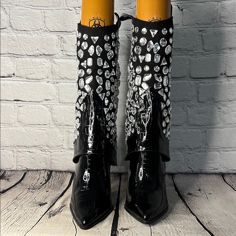 Lauren Lorraine Hana Black and Silver Embellished Heeled Boots - Picture 5 of 11
